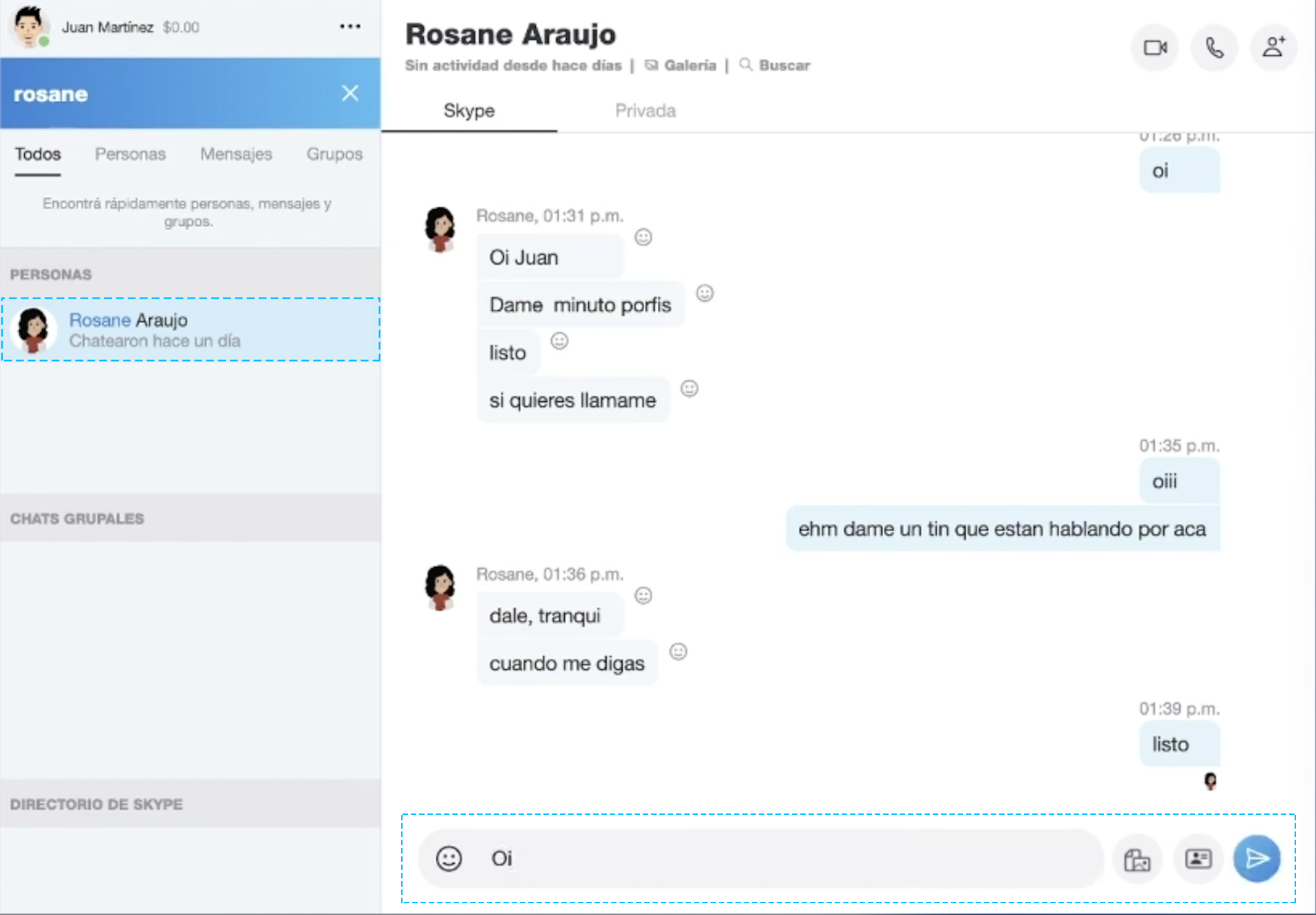 Espacio para enviar mensajes en chat de skype